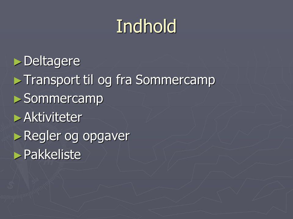 Indhold Deltagere Transport til og fra Sommercamp Sommercamp
