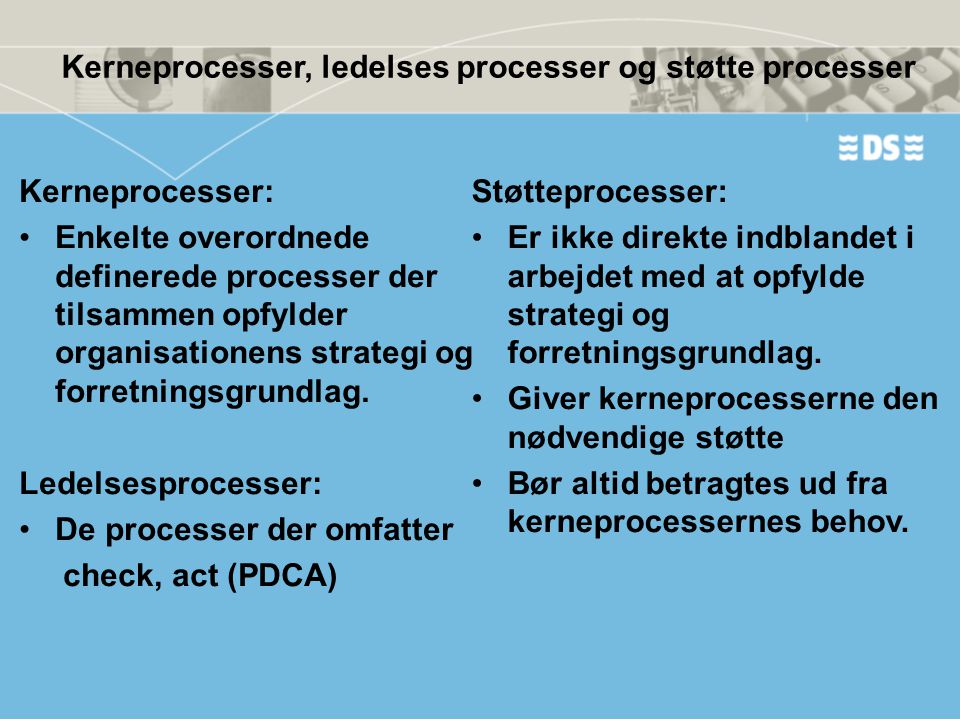 Kerneprocesser, ledelses processer og støtte processer