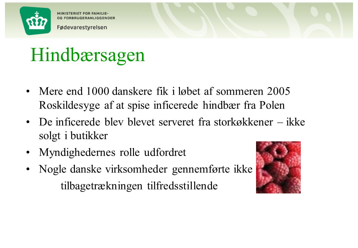 Hindbærsagen Mere end 1000 danskere fik i løbet af sommeren 2005 Roskildesyge af at spise inficerede hindbær fra Polen.