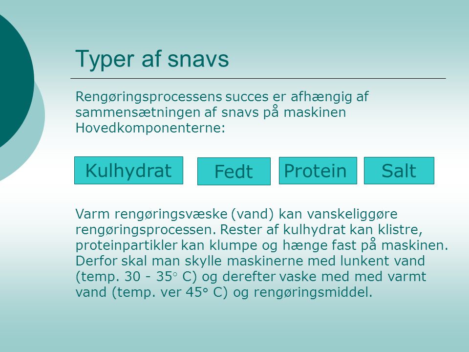 Typer af snavs Kulhydrat Fedt Protein Salt