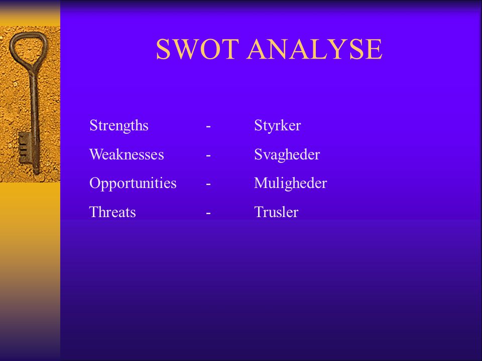 SWOT ANALYSE Strengths - Styrker Weaknesses - Svagheder