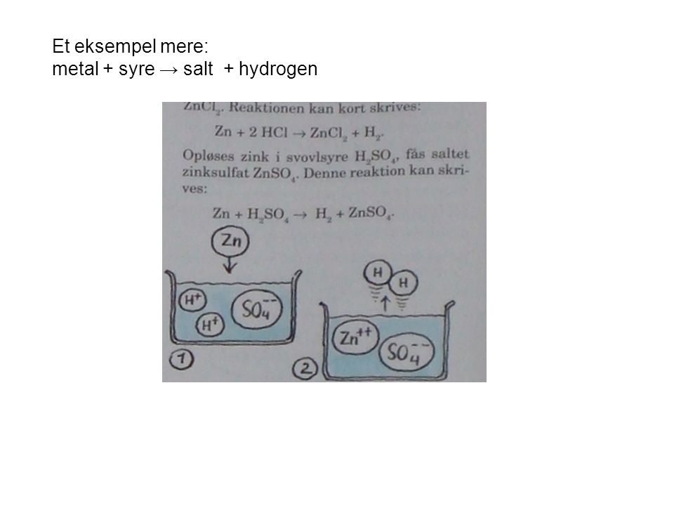 Et eksempel mere: metal + syre → salt + hydrogen