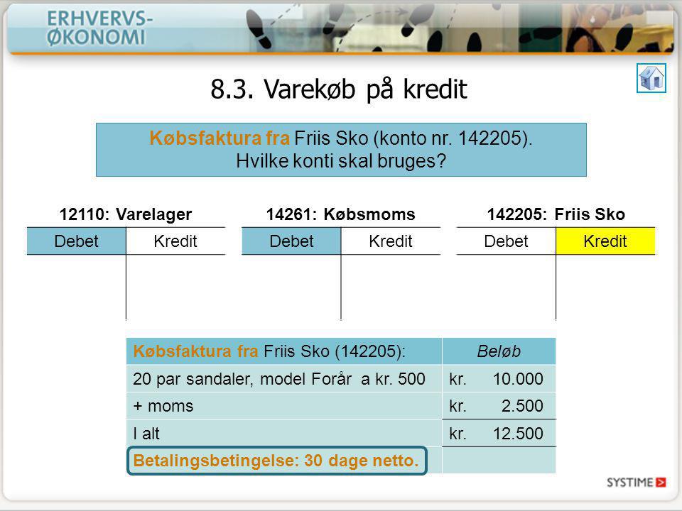 8.3. Varekøb på kredit Købsfaktura fra Friis Sko (konto nr ).
