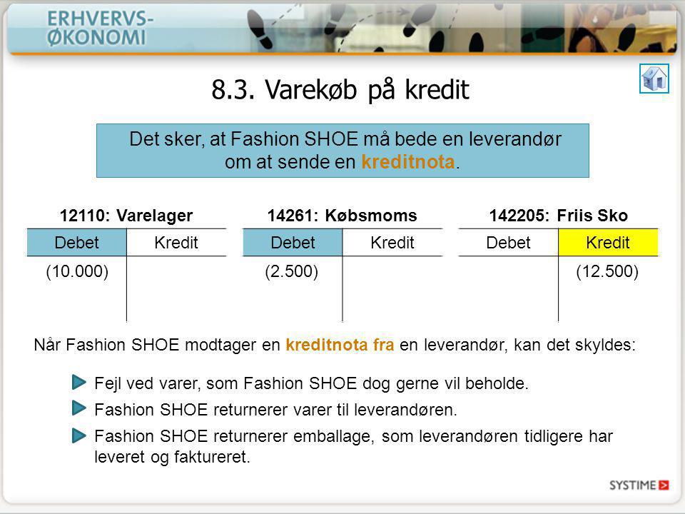 8.3. Varekøb på kredit Det sker, at Fashion SHOE må bede en leverandør om at sende en kreditnota : Varelager.