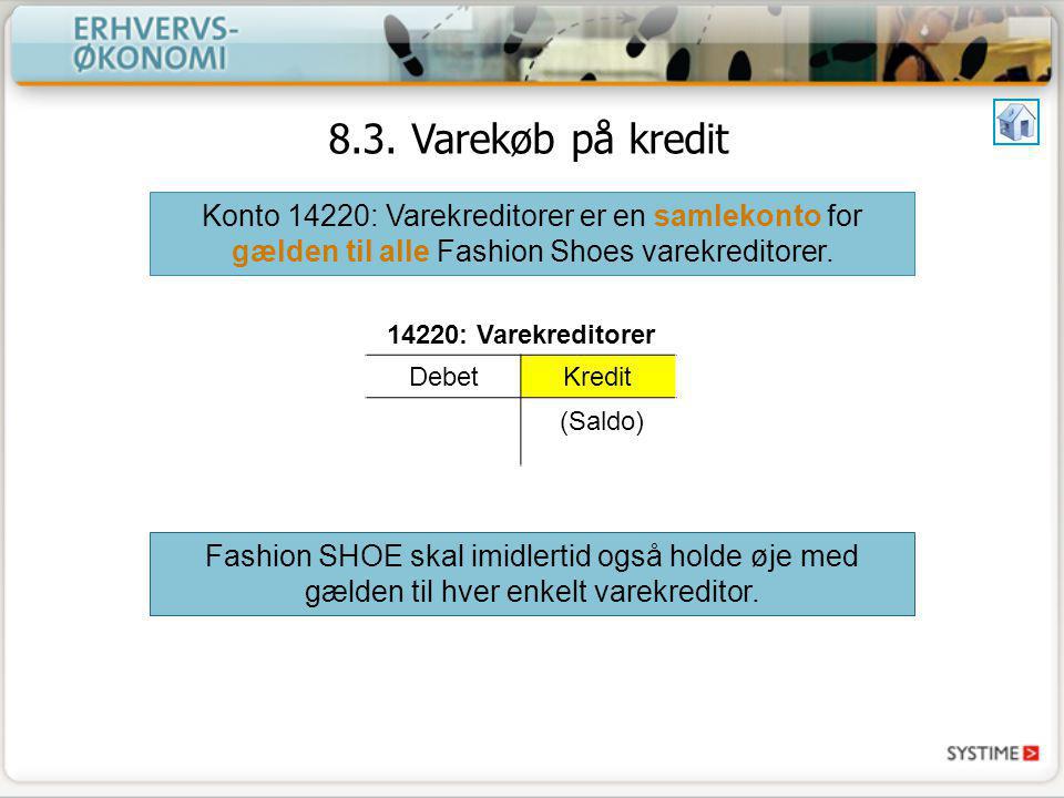 8.3. Varekøb på kredit Konto 14220: Varekreditorer er en samlekonto for gælden til alle Fashion Shoes varekreditorer.