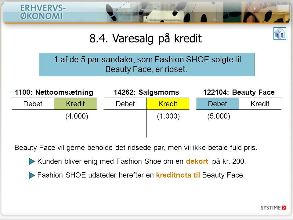 8.4. Varesalg på kredit 1 af de 5 par sandaler, som Fashion SHOE solgte til Beauty Face, er ridset.