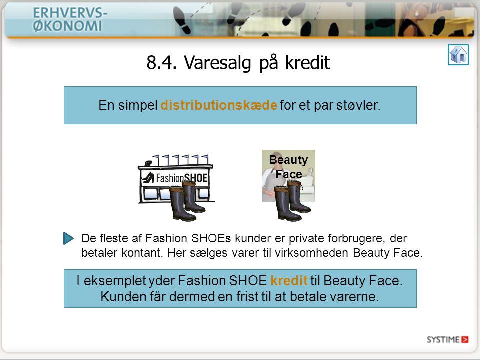 8.4. Varesalg på kredit En simpel distributionskæde for et par støvler. Beauty Face.