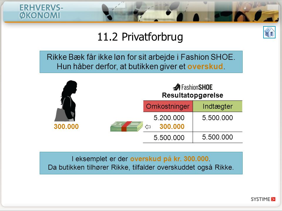 11.2 Privatforbrug Rikke Bæk får ikke løn for sit arbejde i Fashion SHOE. Hun håber derfor, at butikken giver et overskud.