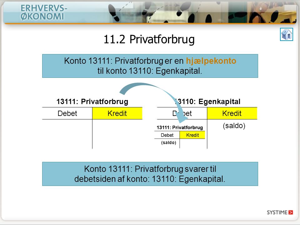 11.2 Privatforbrug Konto 13111: Privatforbrug er en hjælpekonto til konto 13110: Egenkapital : Privatforbrug.