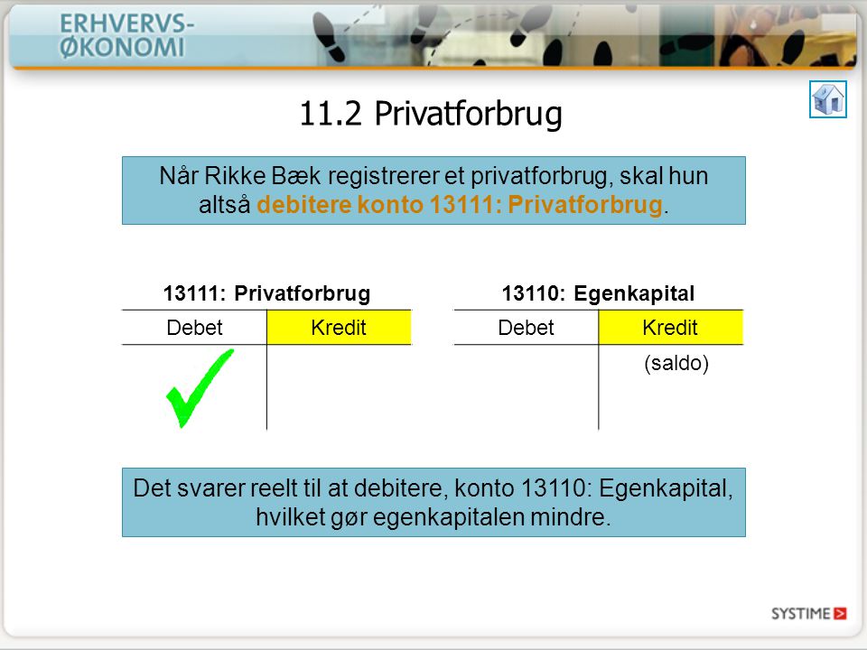 11.2 Privatforbrug Når Rikke Bæk registrerer et privatforbrug, skal hun altså debitere konto 13111: Privatforbrug.