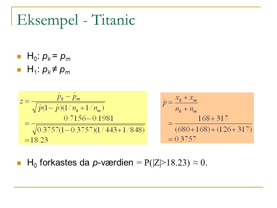 Eksempel - Titanic H0: pk = pm H1: pk ≠ pm