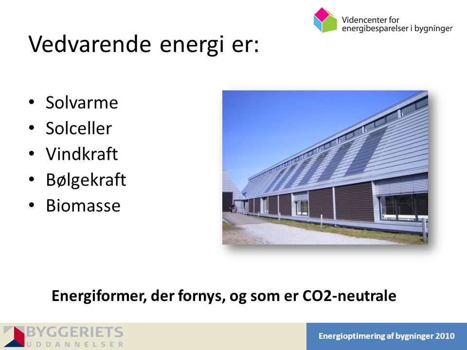 Vedvarende energi er: Solvarme Solceller Vindkraft Bølgekraft Biomasse