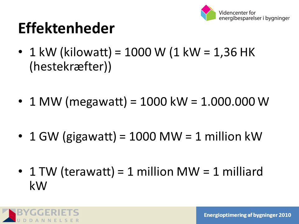 Effektenheder 1 kW (kilowatt) = 1000 W (1 kW = 1,36 HK (hestekræfter))