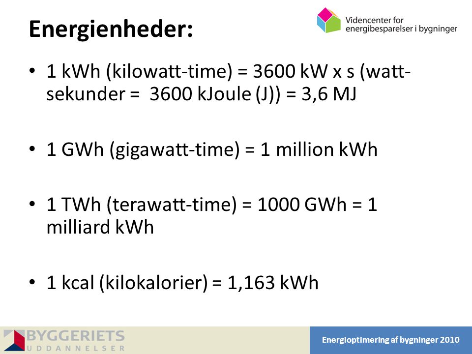 Energienheder: 1 kWh (kilowatt-time) = 3600 kW x s (watt-sekunder = 3600 kJoule (J)) = 3,6 MJ. 1 GWh (gigawatt-time) = 1 million kWh.