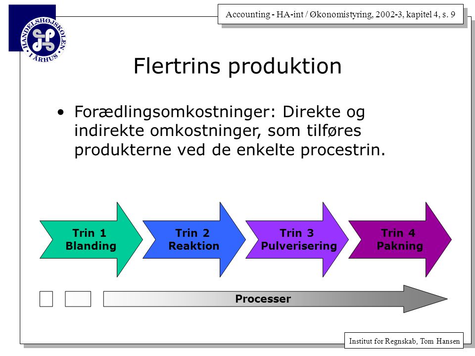 Flertrins produktion Forædlingsomkostninger: Direkte og indirekte omkostninger, som tilføres produkterne ved de enkelte procestrin.