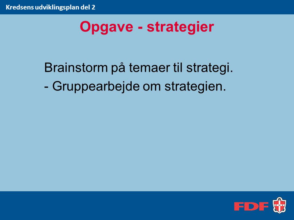 Brainstorm på temaer til strategi. - Gruppearbejde om strategien.