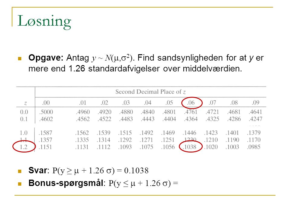 Løsning Opgave: Antag y ~ N(m,s2). Find sandsynligheden for at y er mere end 1.26 standardafvigelser over middelværdien.