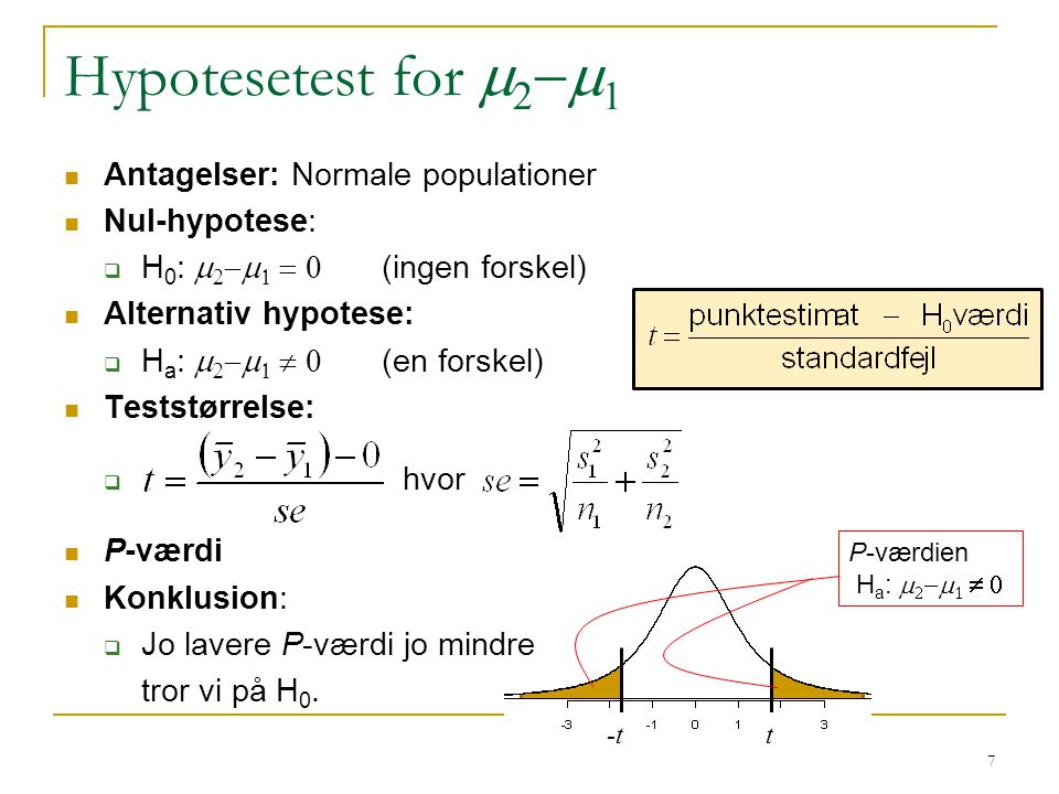Hypotesetest for m2-m1 Antagelser: Normale populationer Nul-hypotese: