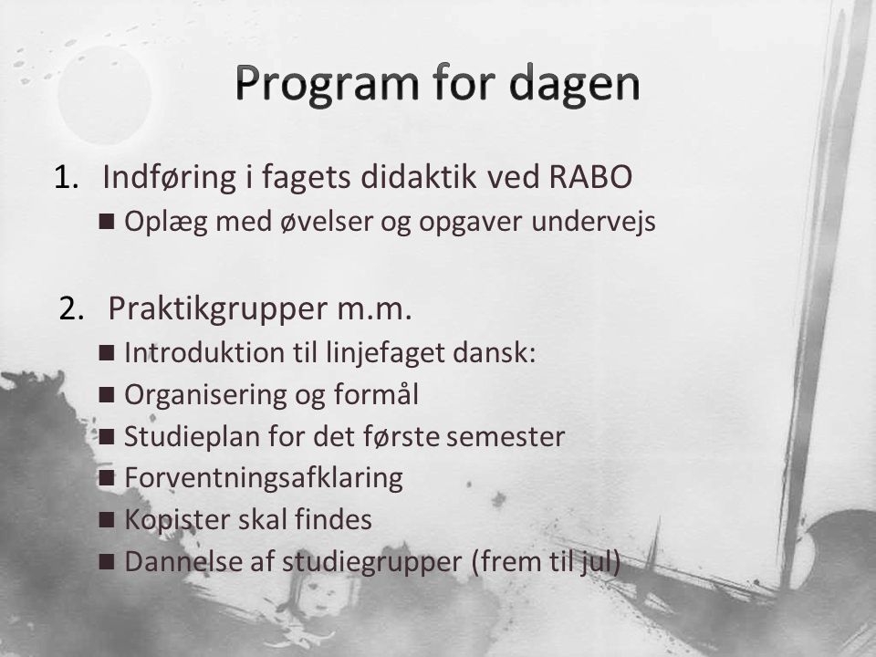 Program for dagen Indføring i fagets didaktik ved RABO