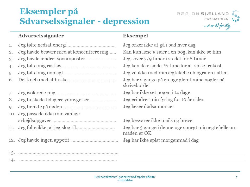 Eksempler på Sdvarselssignaler - depression