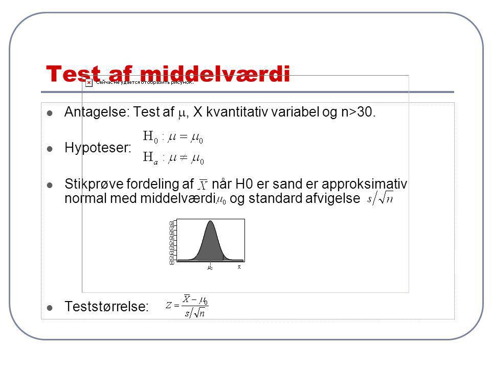 Test af middelværdi Antagelse: Test af m, X kvantitativ variabel og n>30. Hypoteser: