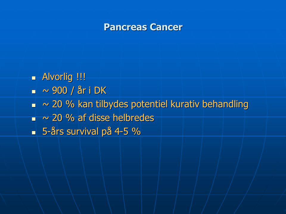 Pancreas Cancer Alvorlig !!! ~ 900 / år i DK. ~ 20 % kan tilbydes potentiel kurativ behandling. ~ 20 % af disse helbredes.