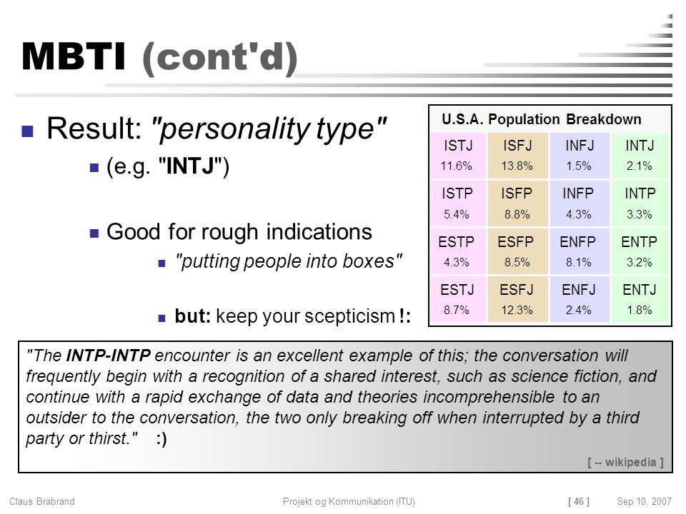 MBTI (cont d) Result: personality type (e.g. INTJ )
