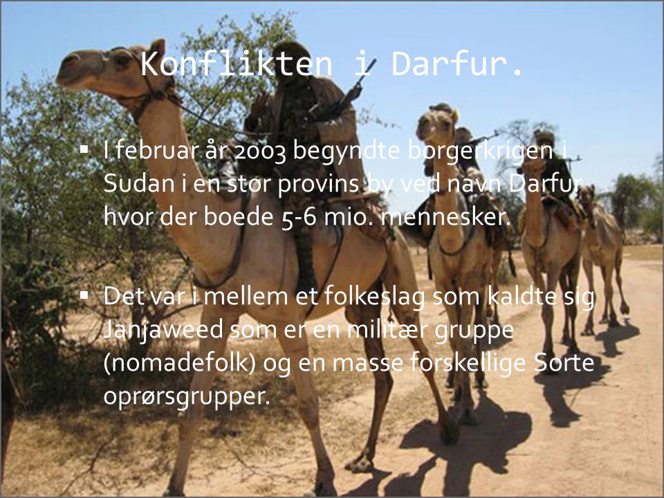 Konflikten i Darfur. I februar år 2003 begyndte borgerkrigen i Sudan i en stor provins by ved navn Darfur hvor der boede 5-6 mio. mennesker.