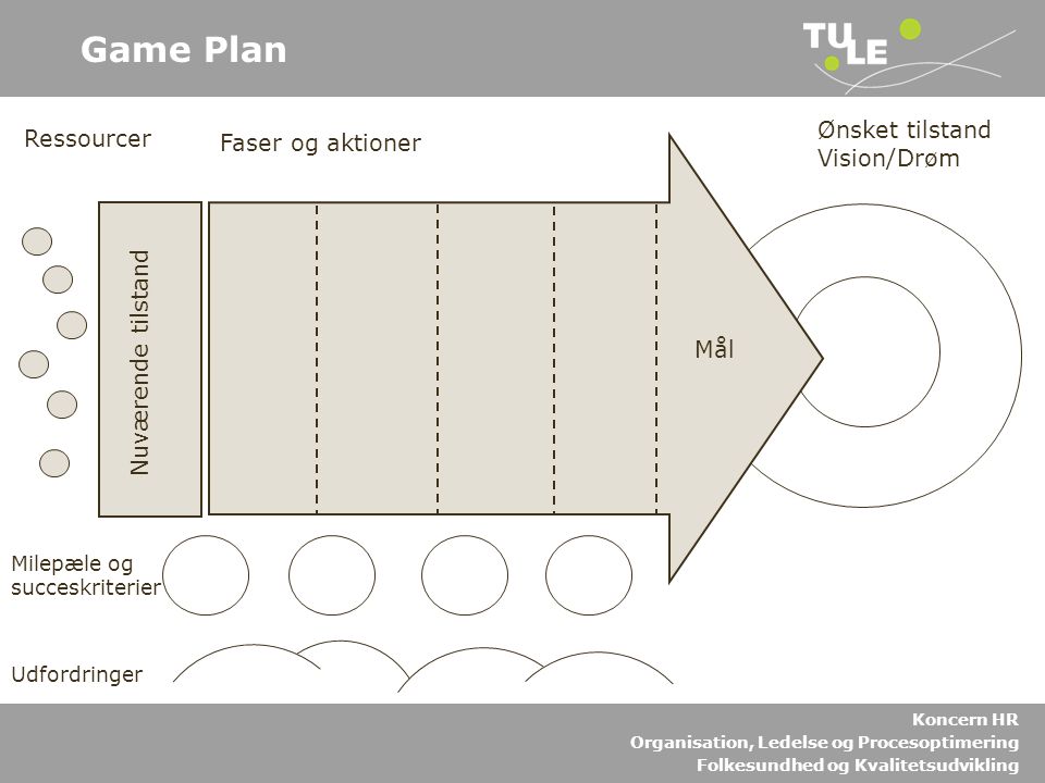 Game Plan Ønsket tilstand Vision/Drøm Ressourcer Faser og aktioner