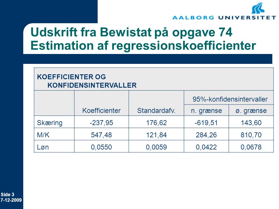 Udskrift fra Bewistat på opgave 74 Estimation af regressionskoefficienter
