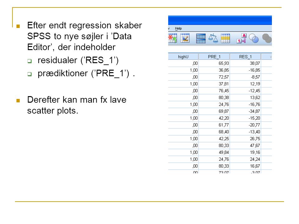 Efter endt regression skaber SPSS to nye søjler i ’Data Editor’, der indeholder