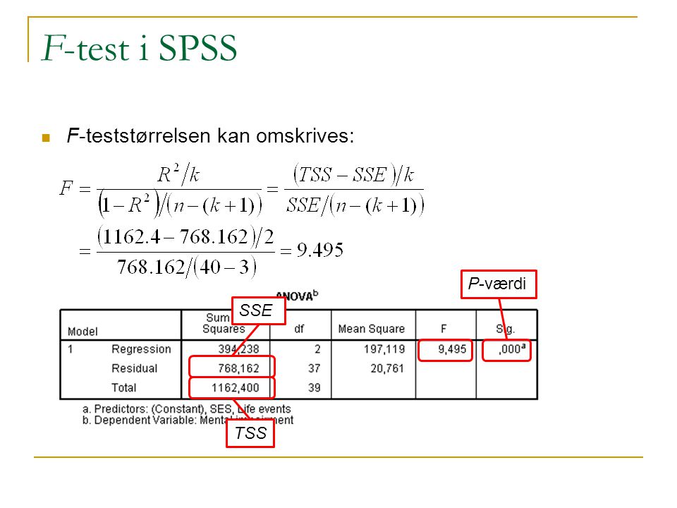 F-test i SPSS F-teststørrelsen kan omskrives: P-værdi SSE TSS