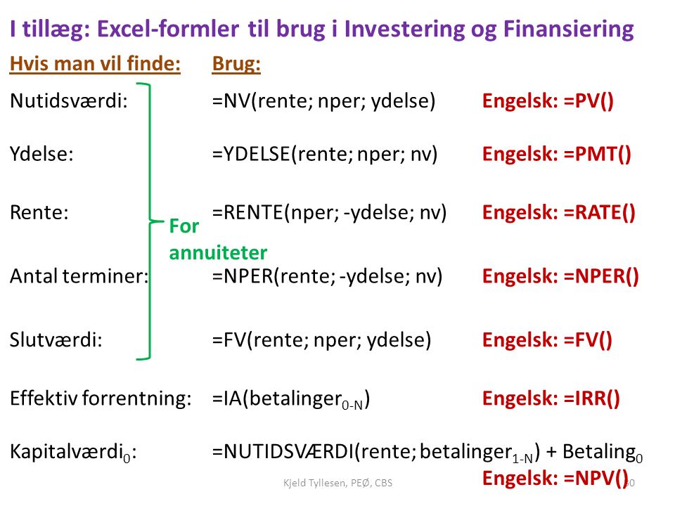 I tillæg: Excel-formler til brug i Investering og Finansiering