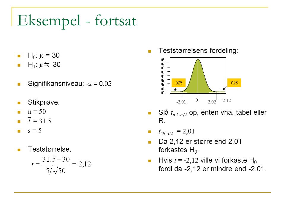 Eksempel - fortsat Teststørrelsens fordeling: H0: m = 30 H1: mm 30