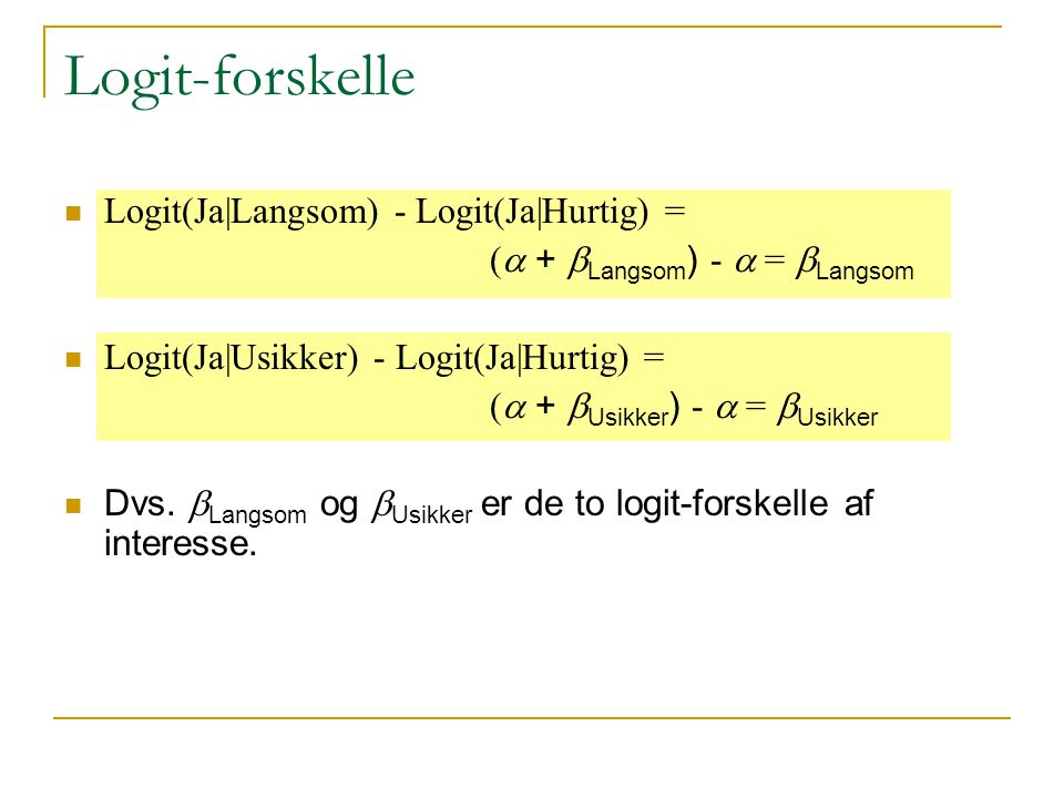 Logit-forskelle Logit(Ja|Langsom) - Logit(Ja|Hurtig) =
