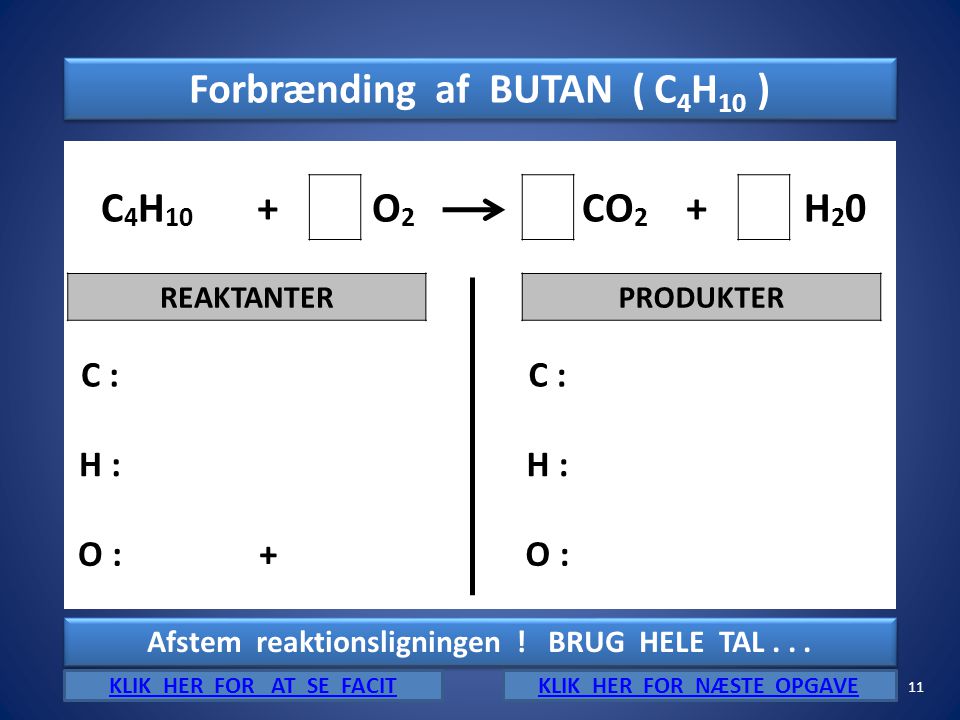 Forbrænding af BUTAN ( C4H10 ) C4H10 + O2 CO2 H20