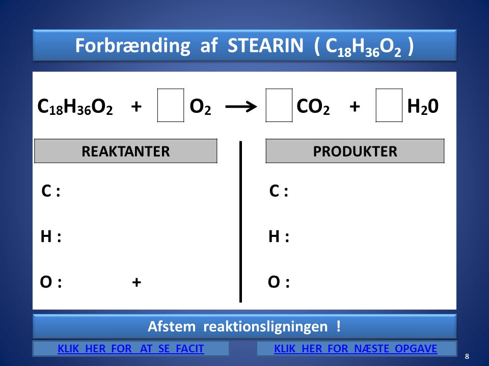 Forbrænding af STEARIN ( C18H36O2 ) C18H36O2 + O2 CO2 H20