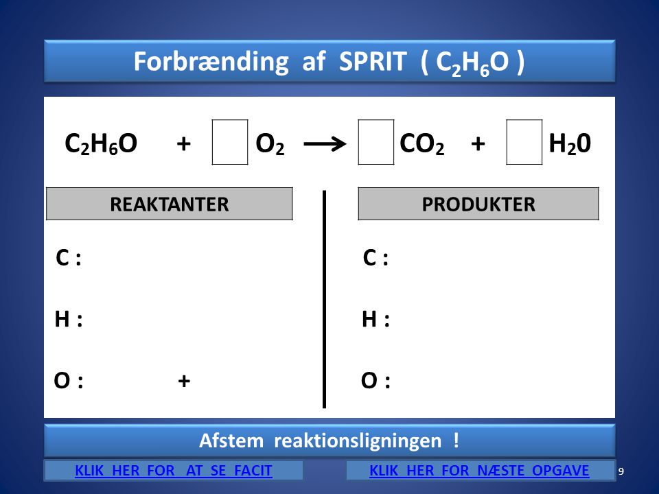 Forbrænding af SPRIT ( C2H6O ) C2H6O + O2 CO2 H20