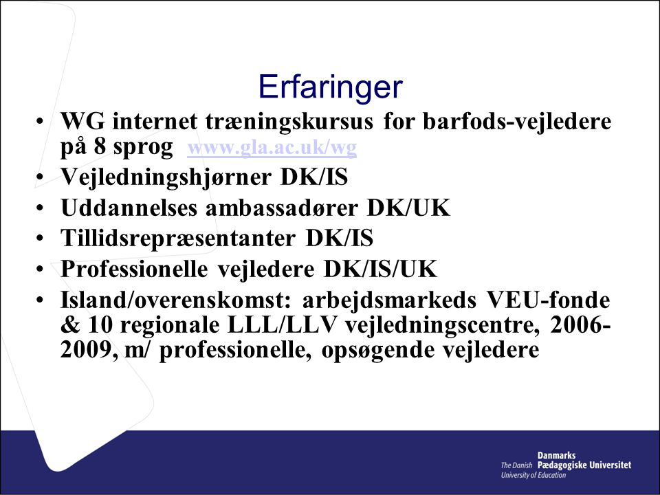 Erfaringer WG internet træningskursus for barfods-vejledere på 8 sprog   Vejledningshjørner DK/IS.