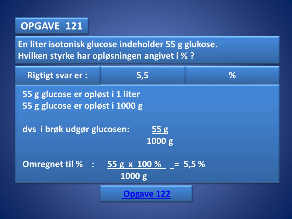OPGAVE 121 En liter isotonisk glucose indeholder 55 g glukose.
