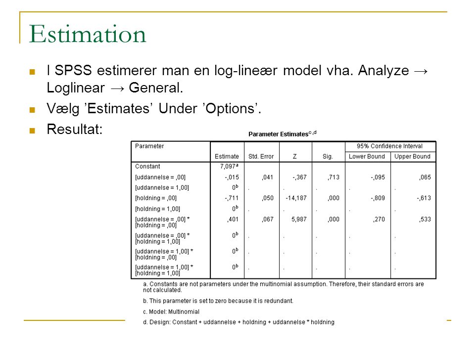 Estimation I SPSS estimerer man en log-lineær model vha. Analyze → Loglinear → General. Vælg ’Estimates’ Under ’Options’.