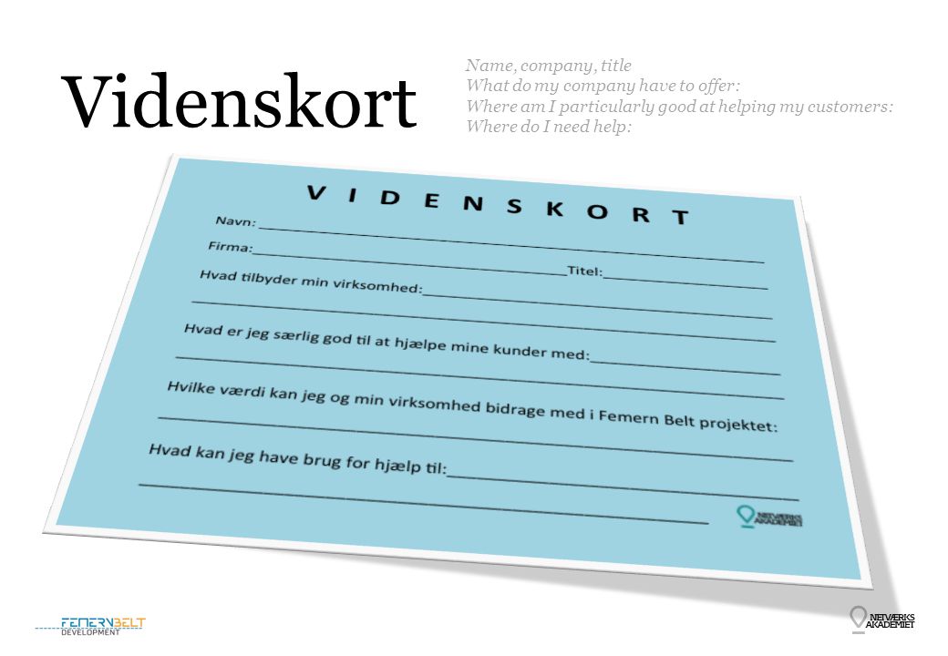 Videnskort Name, company, title What do my company have to offer: Where am I particularly good at helping my customers: Where do I need help: