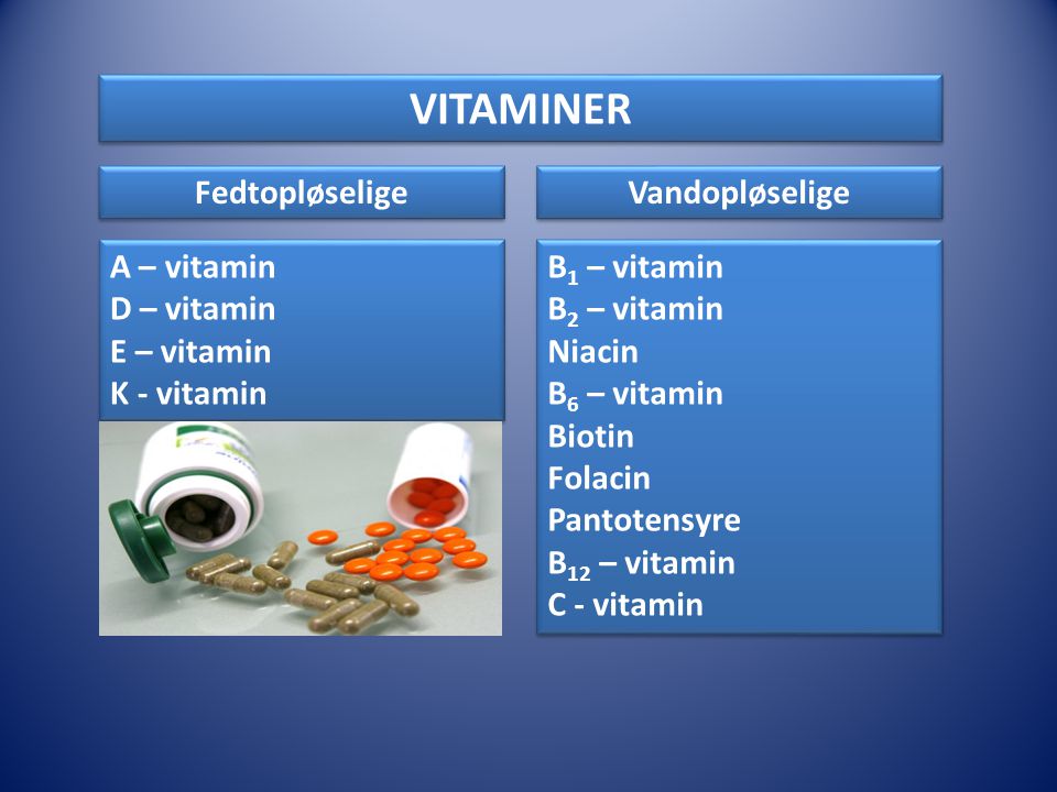VITAMINER Fedtopløselige Vandopløselige A – vitamin D – vitamin