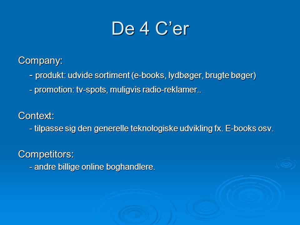 De 4 C’er Company: - produkt: udvide sortiment (e-books, lydbøger, brugte bøger) - promotion: tv-spots, muligvis radio-reklamer..