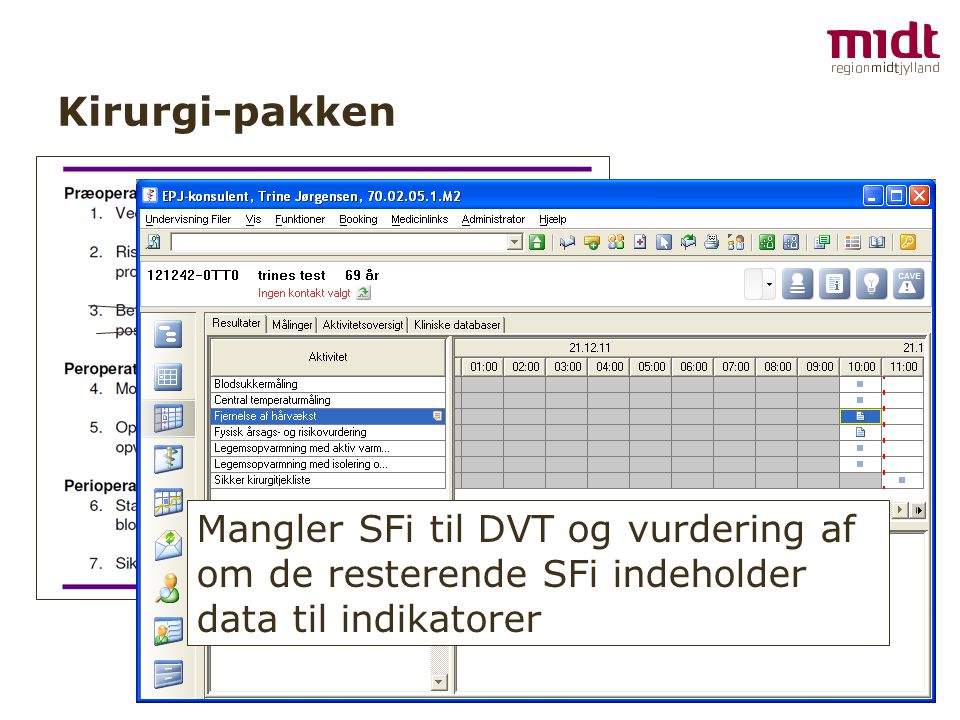 Kirurgi-pakken Mangler SFi til DVT og vurdering af om de resterende SFi indeholder data til indikatorer.