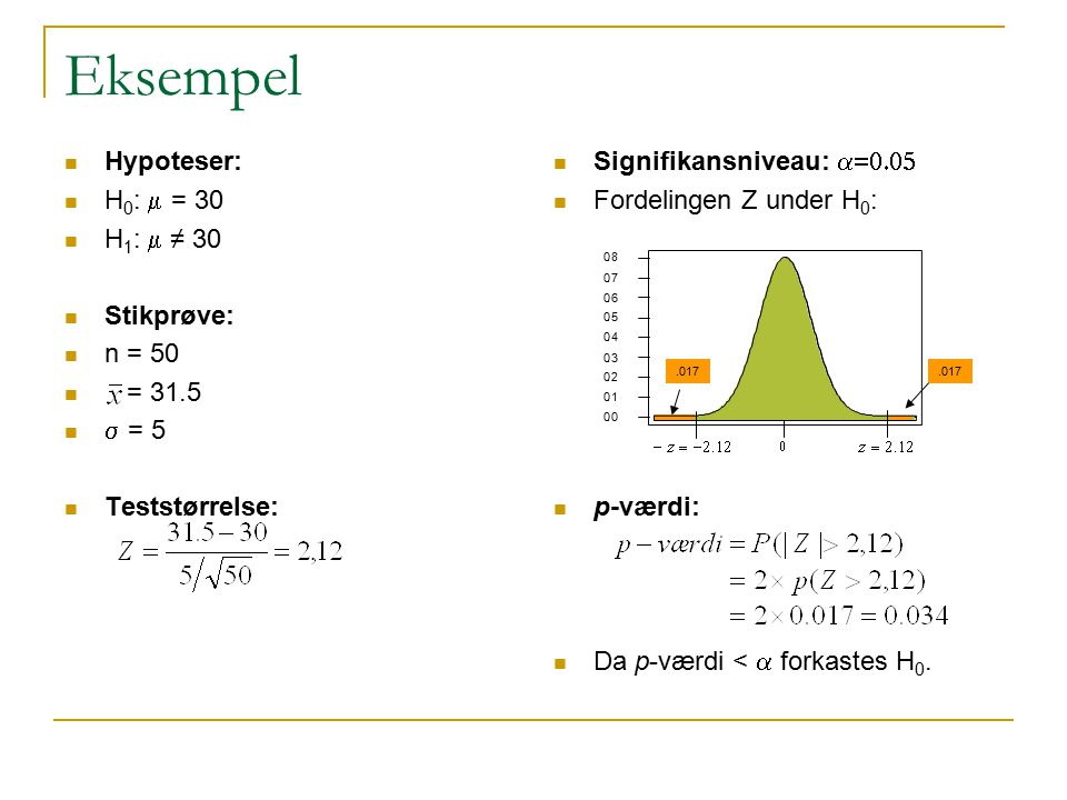 Eksempel Hypoteser: H0: m = 30 H1: m ≠ 30 Stikprøve: n = 50 = 31.5