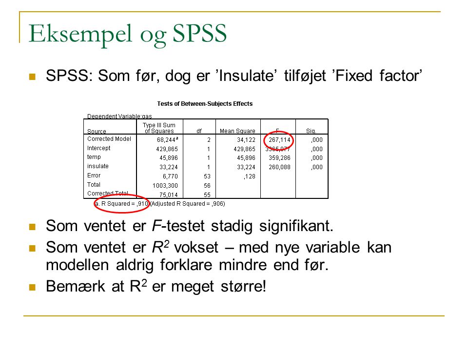 Eksempel og SPSS SPSS: Som før, dog er ’Insulate’ tilføjet ’Fixed factor’ Som ventet er F-testet stadig signifikant.