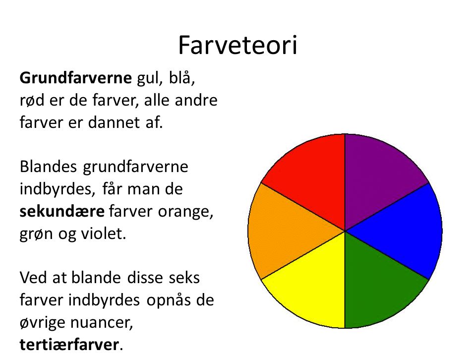 Farveteori Grundfarverne gul, blå, rød er de farver, alle andre farver er dannet af.