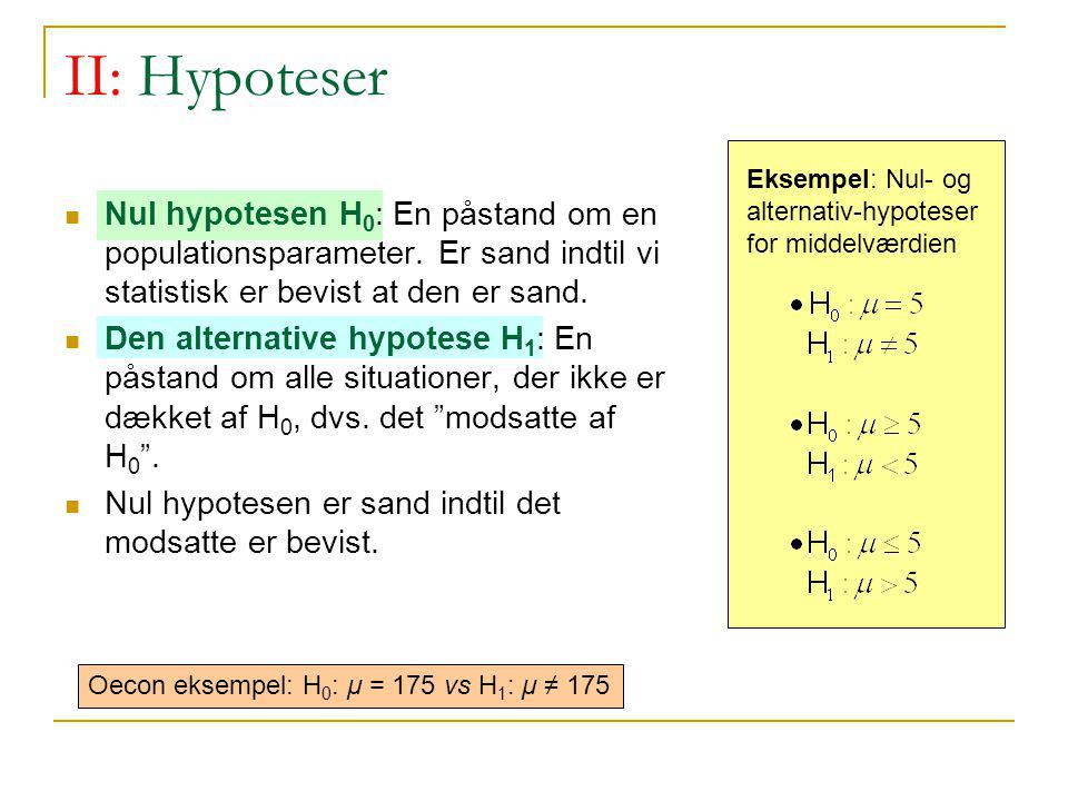 II: Hypoteser Eksempel: Nul- og alternativ-hypoteser for middelværdien.