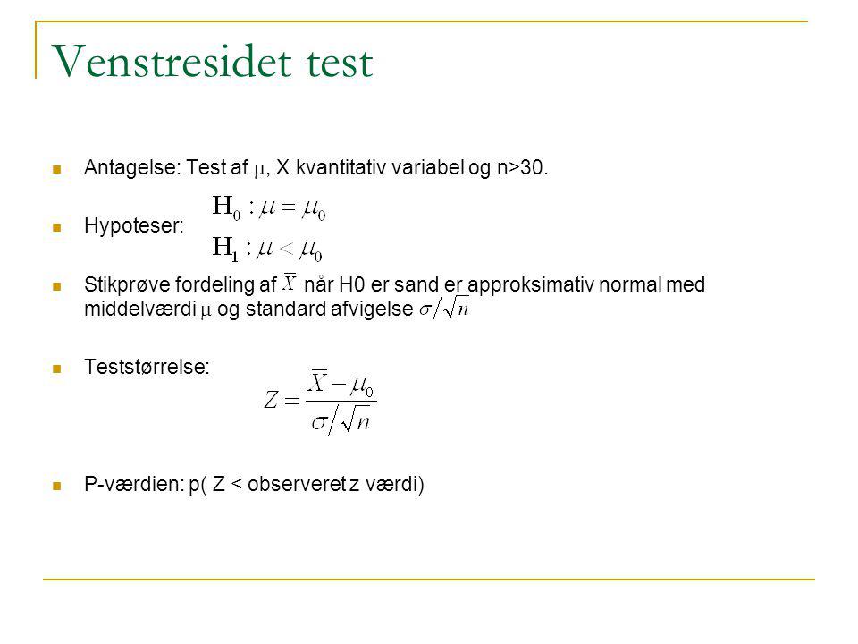Venstresidet test Antagelse: Test af m, X kvantitativ variabel og n>30. Hypoteser: